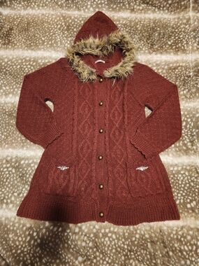 Axes Femme buegandy knit fux fur hooded jewled button up jacket